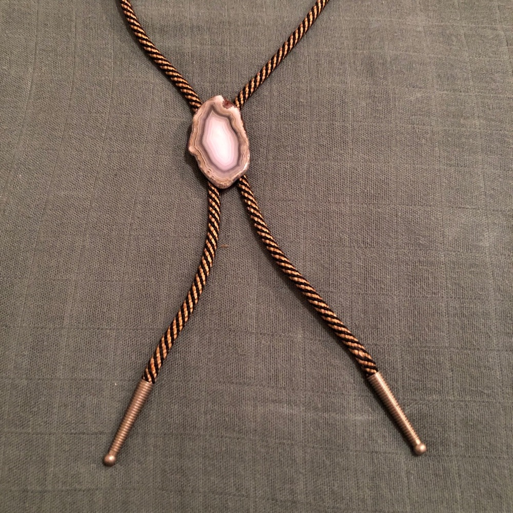 Tan and Black Tie Necklace With White and Gray Stone Centerpiece *damaged*